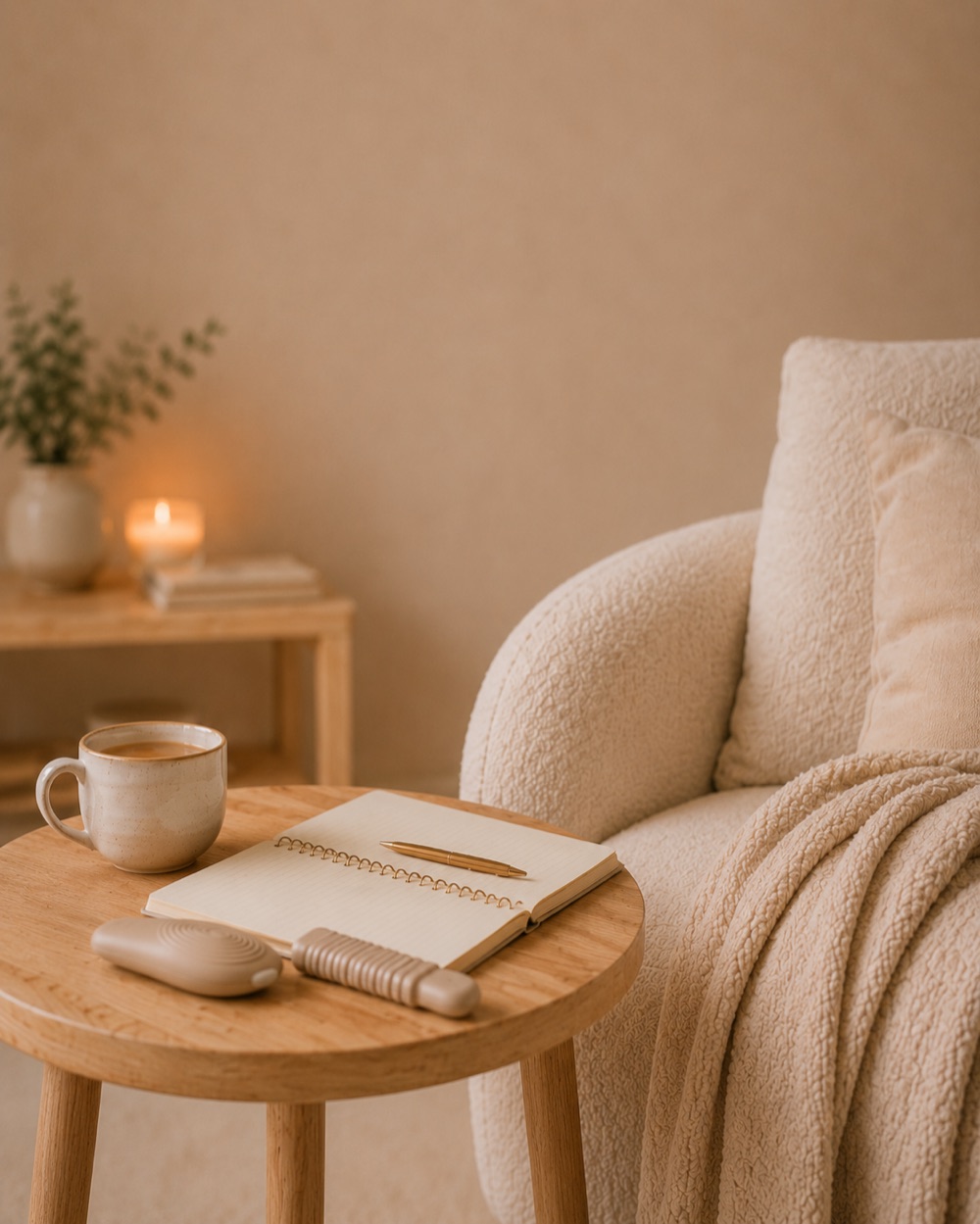 Ruhige Praxisszene mit Sessel, Tasse, Notizbuch und Stift