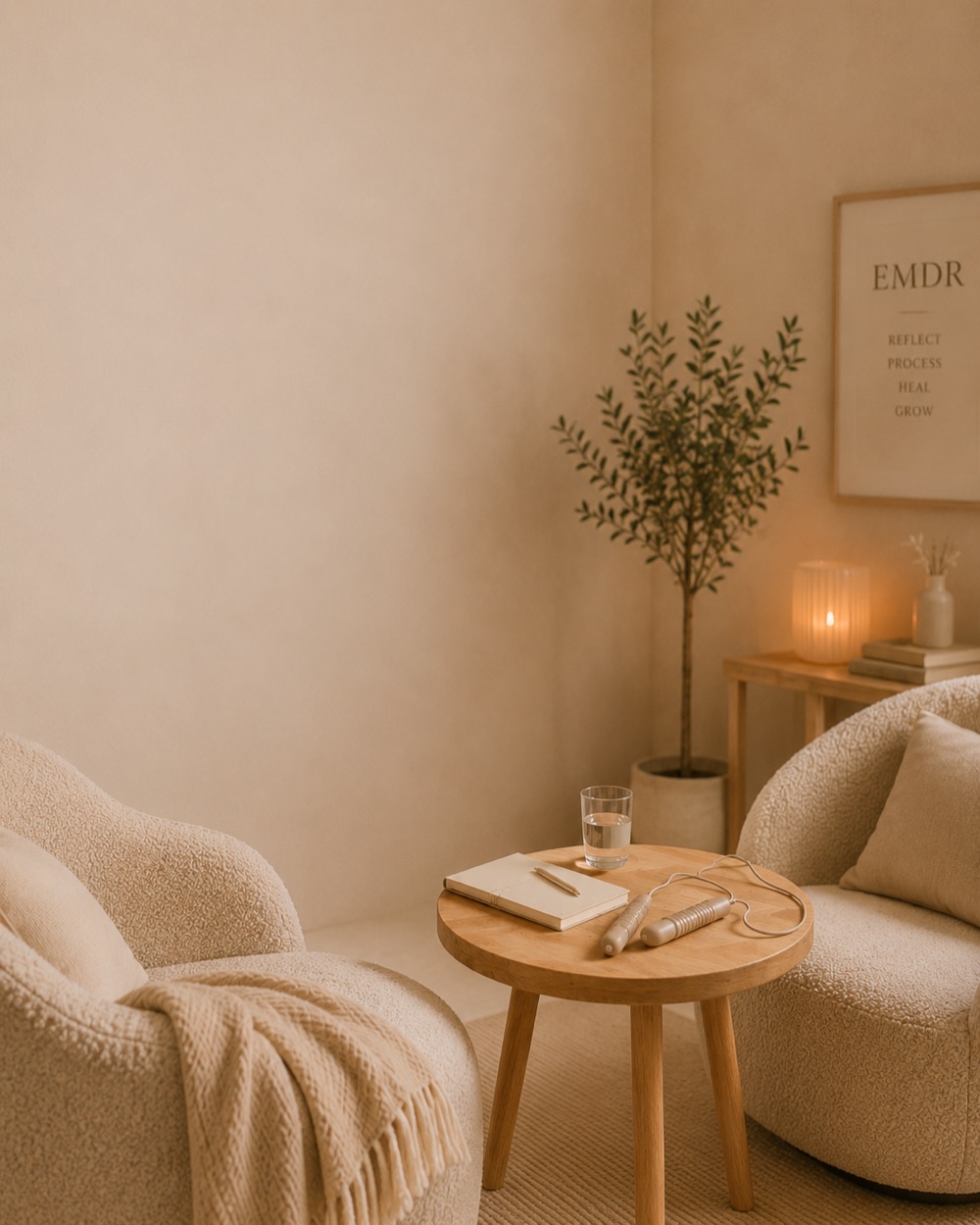 Ruhige Praxisszene mit EMDR-Materialien auf einem Tisch