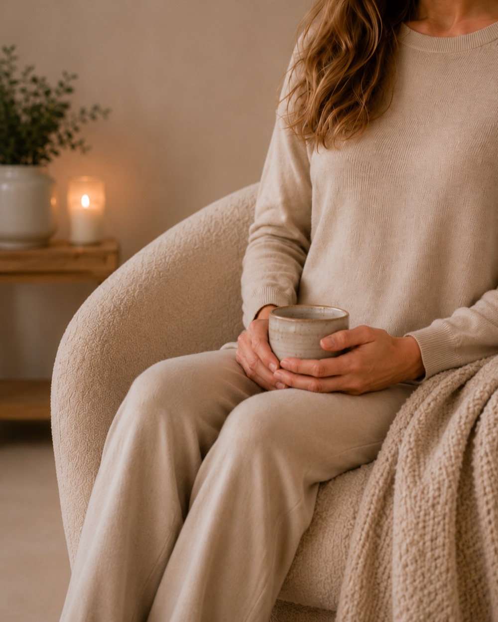 Ruhige Praxisszene mit einer sitzenden Frau und einer Tasse in den Händen